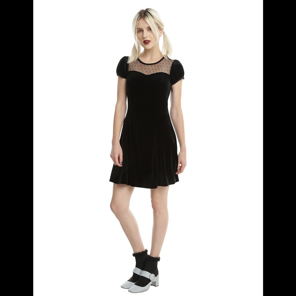 NWOT Hot Topic Black Velvet Swiss Dot Yoke Dress